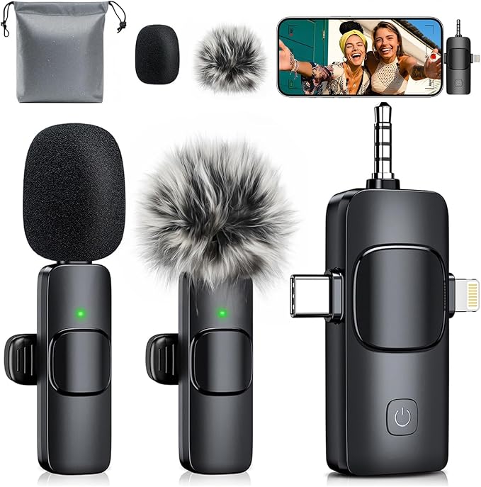 MENERESAS 3-in-1 Mini Microphone for iPhone: Wireless Lavalier Microphone with 80ft Range & 15H Battery - Noise Reduction Lapel Mic, Real-Time Monitoring for Video Recording Power Conditioners by MENERESAS