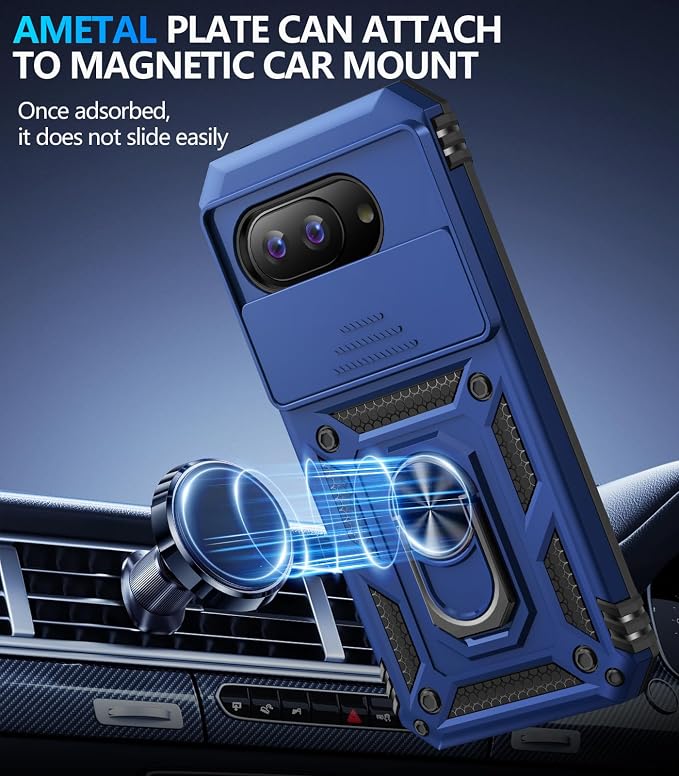 Taisairu for Google Pixel 9A Case with Screen Protector & Slide Camera Lens Cover,Built-in 360°Rotate Magnetic Ring Stand Shockproof Protective Phone Case for Google Pixel 9A Case (Blue) - Image 5