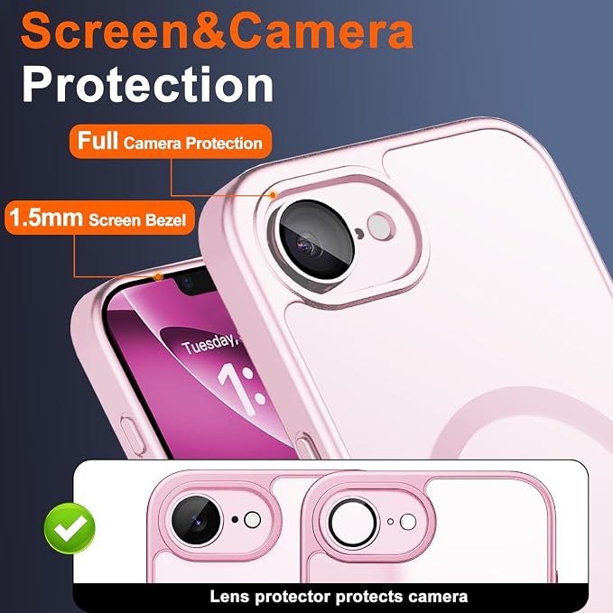 Magnetic for iPhone 17e Case & iPhone 16e Case, Pink | Full Camera Protection, with Privacy Screen Protector, Compatible with MagSafe, Matte Shockproof Cover for 17 e / 16 e - Image 5