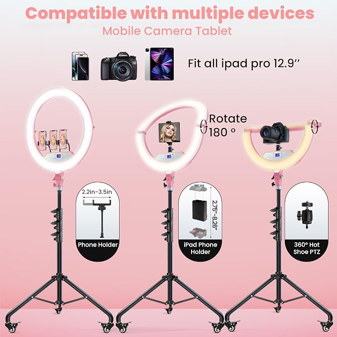 22" Foldable Ring Light with Stand for iPhone ipad, 75" Tripod with Wheels 50W 6500K LED Display/2 USB Ports Large Ringlight Rolling, Tattoo Barber Makeup Studio Video Photography Lighting(Pink) - Image 6