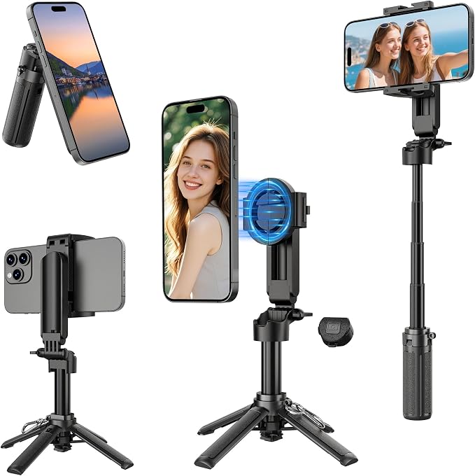 14.5" Mini Magnetic Tripod for iPhone, Selfie Stick with Remote for MagSafe, Portable Pocket Size Selfie Stick with Metal Ring, Small/Compact Cell Phone Stand for Recording, Travel and Vlogging-Black by PEYAKO
