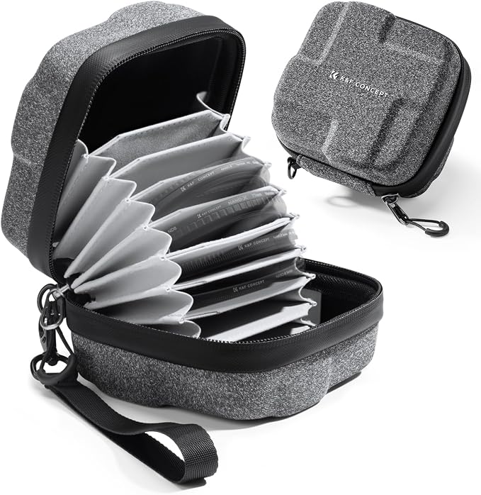 K&F CONCEPT 10 in 1 Lens Filter Case, Filter Bag Up to 82mm | Hard Shell Camera Filter Pouch, Hand Strap, Waterproof, For ND UV CPL Camera Filter, BF01 by KFCONCEPT