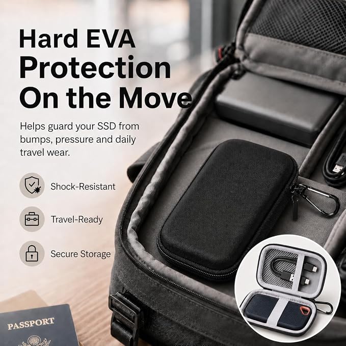 PAIYULE Hard Drive Case for SanDisk Extreme Portable SSD & Extreme PRO SSD | Elastic Strap Secures the SSD, Mesh Pocket Organizes Cables, Carabiner Adds Portability, Case Only(Black, For Sandisk V2) - Image 4