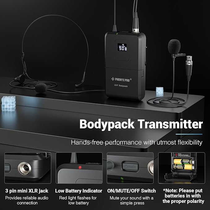 Phenyx Pro Wireless Microphone System, Dual Channel 100 UHF Metal Receiver, 328ft Range Auto Scan, Cordless Handheld & Bodypack & Lapel Mic Combo for Karaoke Church Speech PTU-71-1H1B | Quick IR Sync, Lapel Mic, 2 x 100 Frequencies, 328 ft Range, Karao... - Image 5