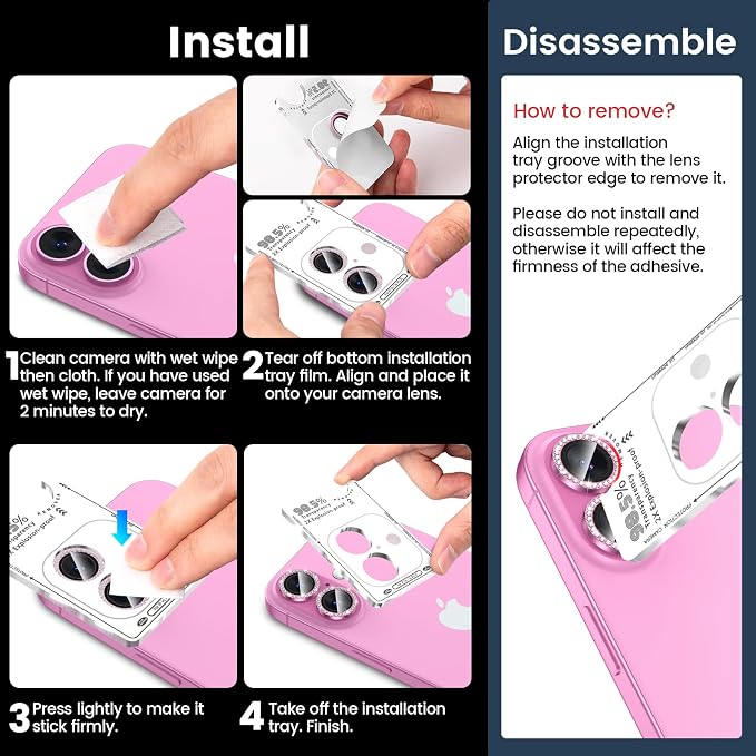 Tensea for iPhone 16/16 Plus Camera Lens Protector Bling, Camera Cover | 9H Tempered Glass Camera Screen Protector, Metal Individual Ring for iPhone16 6.1inch/ 16Plus 6.7inch, HD Clear, Easy Install - Image 7