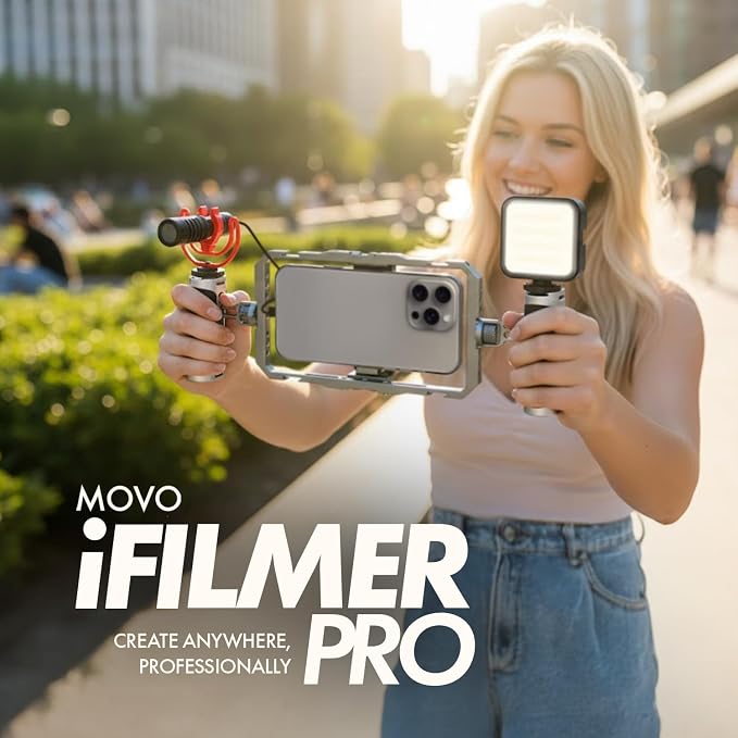 Movo iFilmer-PRO Smartphone Video Rig Kit | Stabilizer Cage, Dual Grips, VXR10 Shotgun Microphone, iPhone/Android - Image 3