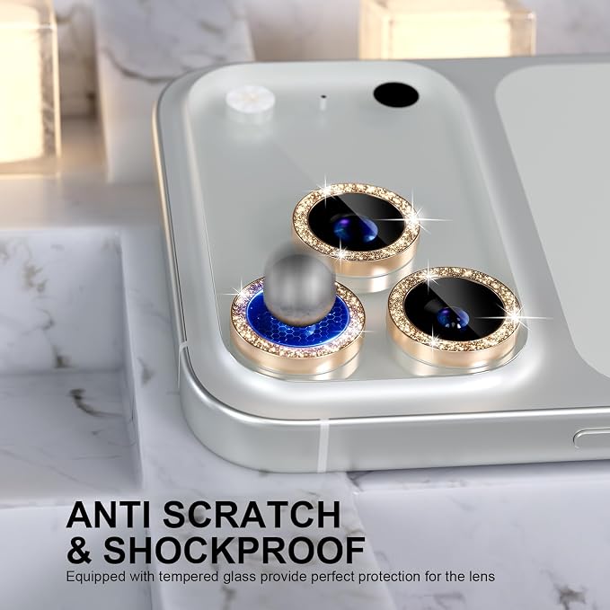 Choiche for iPhone 17 Pro/iPhone 17 Pro Max Camera Lens Protector | Ultra HD, Bling 9H Tempered Glass Camera Cover Screen Protector Metal Ring Decoration Accessories (Glitter-Gold) - Image 3