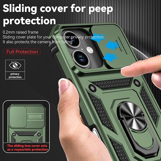 SunStory Phone Case for iPhone 17 Case with HD Screen Protector & Slide Camera Cover & Rotated Ring Kickstand, [Military-Grade] Phone Case for iPhone 17, Army Green - Image 3