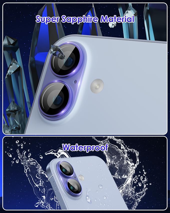 Compatible for iPhone 17 /iPhone 16 /iPhone 16 Plus Camera Lens Protector Metal Plus Aluminium Alloy Ring 9H Tempered Glass Screen Case Friendly Camera Cover Blue - Image 5