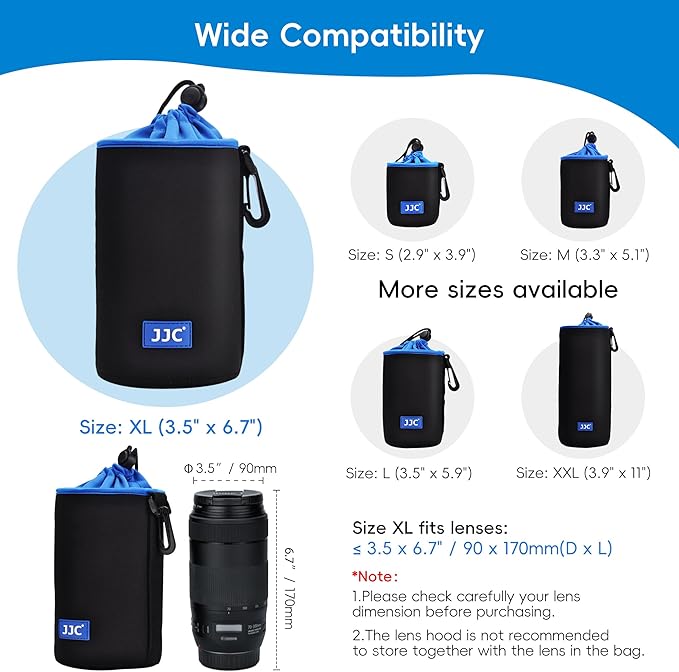 JJC Neoprene Camera Lens Pouch Case, Drawstring Bag for Lens up to 3.5x6.7" | Water-Resistant, Soft Padded, with Carabiner, Compatible with Canon EF 24-70mm f/2.8L, EF 85mm f/1.2L II, Sigma 70-300mm - Image 3