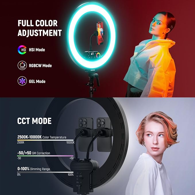 NEEWER RL45C 18" Edge Lit 45W RGB LED Ring Light with Phone Tripod Stand Remote CRI95+ 3100lux/0.5m 2500K–10000K 360° Full Colors App/2.4G Control Compatible with iPhone Selfie Makeup Video Recording - Image 3