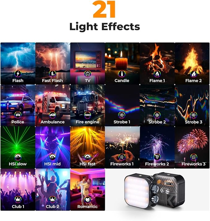K&F CONCEPT RGB Video Light 21 Light Effects, 2500K-9900K, CRI 96+, Black | 360° Full Color Portable Light, Magnetic Rechargeable LED Panel Camera Light with 1/4" Screw Mount for Vlogging, Selfie L01 - Image 5