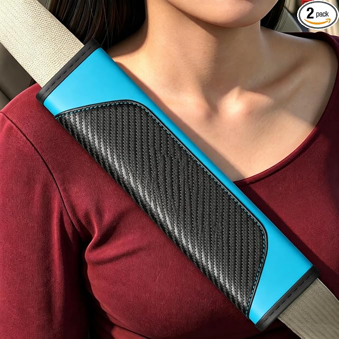 Carbon Fiber PU Leather Seat Belt Covers - 2Pcs, Black and Blue Sporty Seat Belt Pads, Universal Fit for Car Truck SUV by JAVMOO