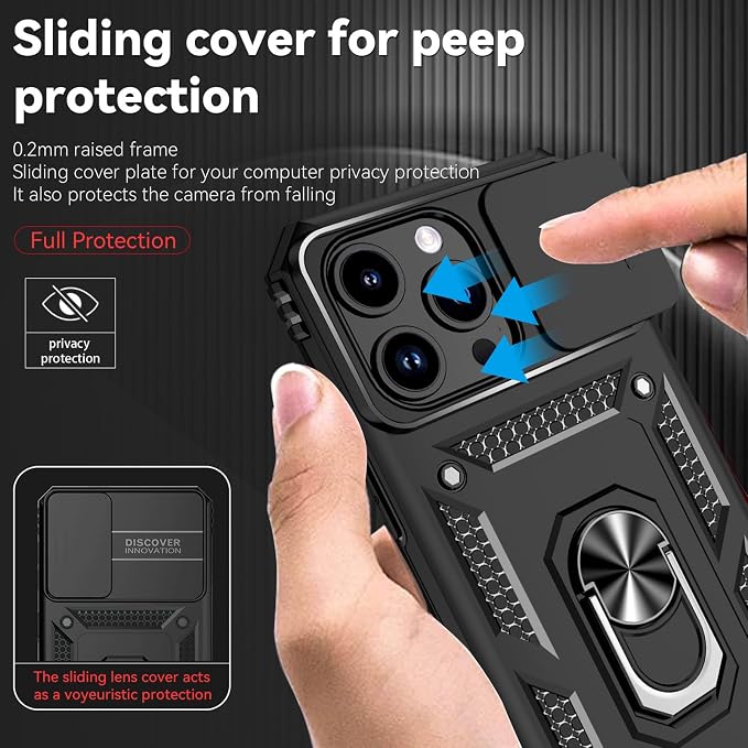 HNHYGETE for iPhone 15 Pro Case with HD Screen Protector: [Military Grade 20ft. Drop Tested] Slide Camera Cover Ring Shockproof Protective Phone Case for - iPhone 15 Pro (Black) - Image 4