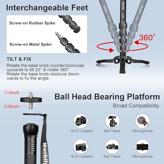 Monopods for Cameras with Feet, 5 Sections, 67'', Max Load 15.43lb, Camera Monopod Extendable Portable Travel Aluminum for DSLR Canon Nikon Sony Video Camcorder (A-222 Grey) - Image 4