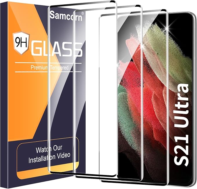 3 Pack Galaxy S21 Ultra Screen Protector, HD Clear Tempered Glass, Fingerprint Unlock, 3D Curved, Scratch Resistant, No Bubble for Samsung Galaxy S21 Ultra 5G Glass Screen Protector by Unknown