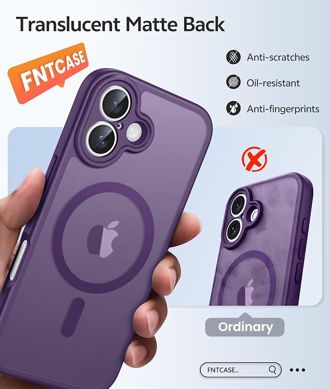 FNTCASE for iPhone 16 Case, Fit for Magsafe, Screen Protector, Purple | Full Camera Protection, Translucent Matte, 14FT Military Grade Drop Proof, Shockproof Protective Phone Cover - Image 6