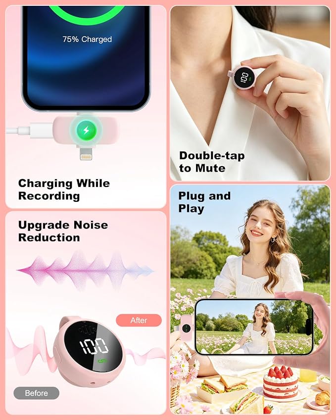 Wireless Microphone for iPhone & USB C Android, AI Noise Canceling Lapel Mic with Charging Case Magnetic Clip LCD Display DSP Chip Lavalier Mini Microphone for Vlogging Tiktok Live Stream YouTube Pink - Image 3