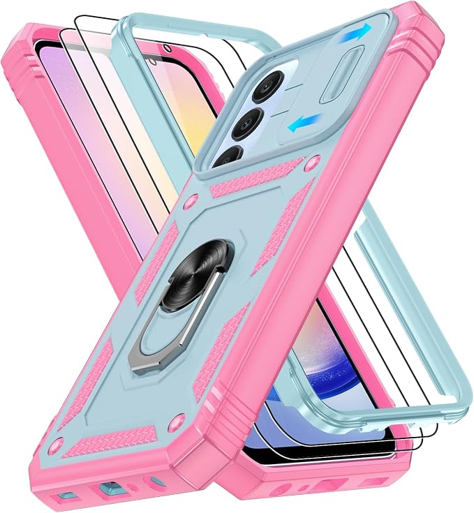 Fit for Samsung Galaxy A25 5G Phone Case with 2PCS Screen Protector, Build in 360° Rotating Ring Kickstand, Military Grade Protective Case for Samsung A25 Case Phone, Green+Pink by Gritup