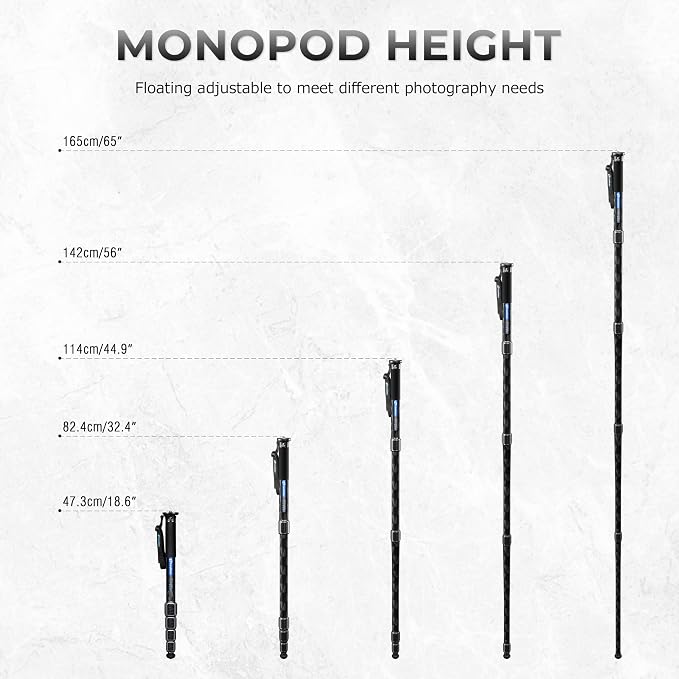 LEOFOTO Camera Monopod Carbon Fiber Portable Compact Lightweight Travel Monopod with Wrist Strap, Silicone Handle, Twist Locks, 5-Section up to 165cm, Max Load 15kg，Black(MPQ-325C) - Image 6