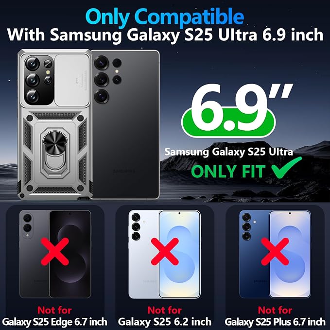 Taisairu for Samsung Galaxy S25 Ultra Case with Screen Protector & Slide Camera Lens Cover, Built-in Magnetic Ring Stand Shockproof Protective Phone Case for Samsung S25 Ultra Case (Silver) - Image 9