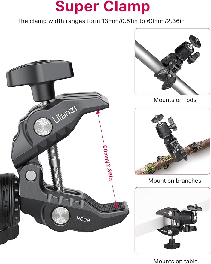ULANZI R099 Super Clamp Camera Mount - Heavy Duty 3.3lb Load Metal Clamp with 360° Ball Head for Action Cameras (GoPro/Insta360/DJI), DSLR, Bike/Motorcycle Handlebar, Pole/Tube Mount Accessories - Image 5