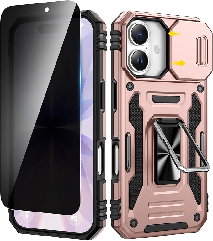VEGO for iPhone 17 Case with Camera Cover & Privacy Screen Protector | Slide Camera Cover & Ring Kickstand Military Grade Heavy Duty Protection Cover for iPhone 17 5G 6.3 Inch - Rose Gold by VEGO