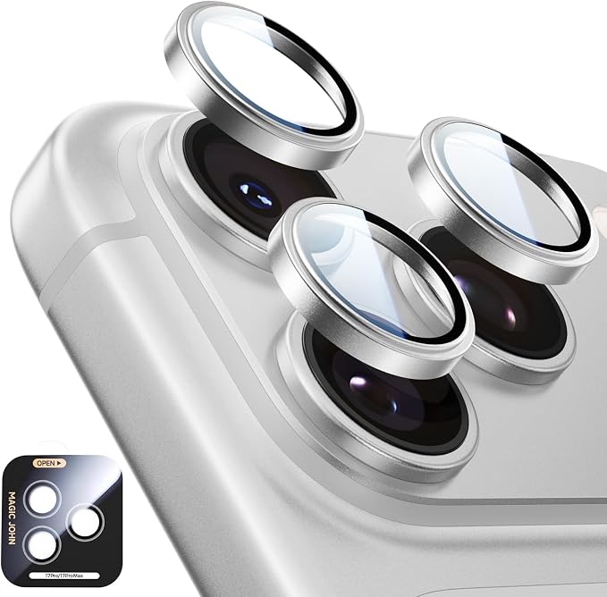 MAGIC JOHN 2 pack for iPhone 17 Pro Max/17 Pro Camera Lens Protector,Sliver | [Alignment Kit&1:1 Invisible Fit] 9H Aerospace Tempered Glass, Ultra HD, Metal Individual Ring by MAGICJOHN