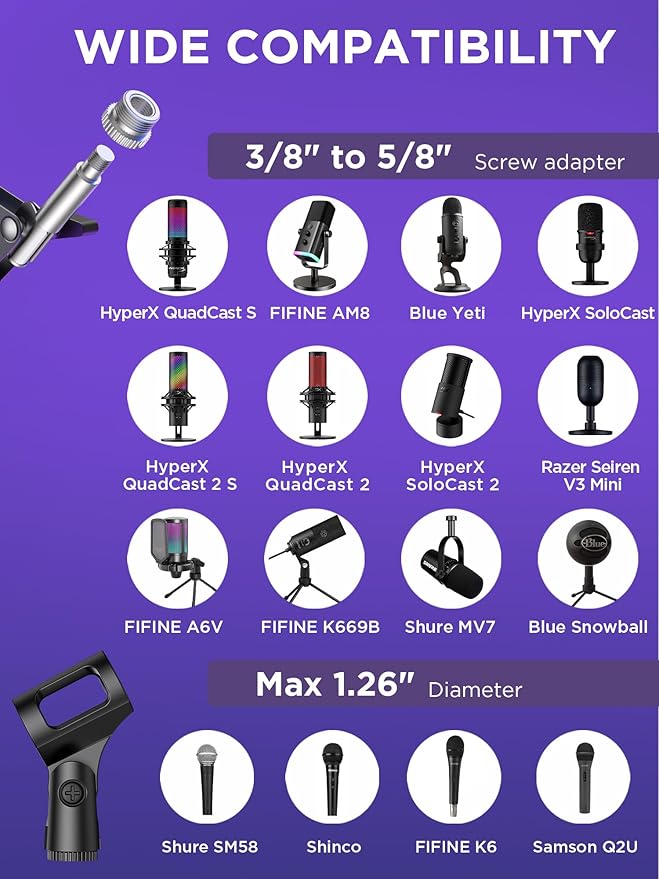 InnoGear Microphone Stand Mic Boom Arm for Blue Yeti HyperX QuadCast S SoloCast Snowball Fifine K669B and other Mic, with Shock Mount Windscreen Pop Filter Mic Clip Holder Cable Ties, Medium | Pop Fiilter and Shock Mount Included, for Desk Thickness Wi... - Image 3