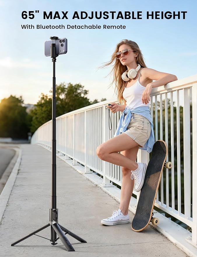 Lamicall 65" Tripod for iPhone 0.77lb Selfie Stick with Remote & Cold Shoe | Auto Open Phone Tripod Ultra-Stable Phone Stand for Recording for Travel Live Stream Vlog fit iPhone 17 Pro Max Android-Black - Image 4