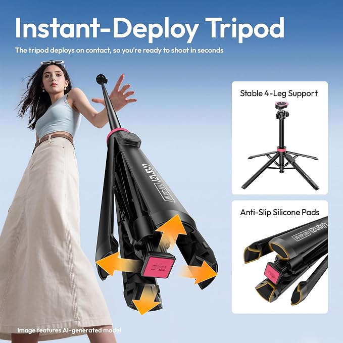ULANZI MT44M Auto Open Magnetic Phone Tripod, 59" Selfie Stick with Remote | Tripod Stand 2-in-1 Dual Mount&1/4" Screw for Phone&Camera, 360°Ball Head for iPhone Android, Vlogging, Live Streaming, Black - Image 2