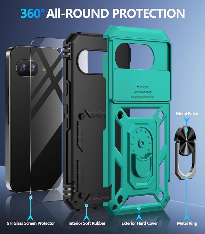 Taisairu for Google Pixel 10A Case with Screen Protector & Slide Camera Lens Cover,Built-in 360°Rotate Magnetic Ring Stand Shockproof Protective Phone Case for Google Pixel 10A Case (Mint Green) - Image 4