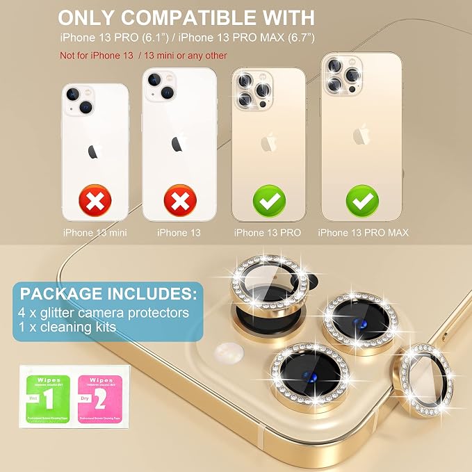Choiche for iPhone 13 Pro/iPhone 13 Pro Max Camera Lens Protector | Ultra HD, Bling 9H Tempered Glass Camera Cover Screen Protector Metal Ring Decoration Accessories (Diamond-Gold) - Image 2