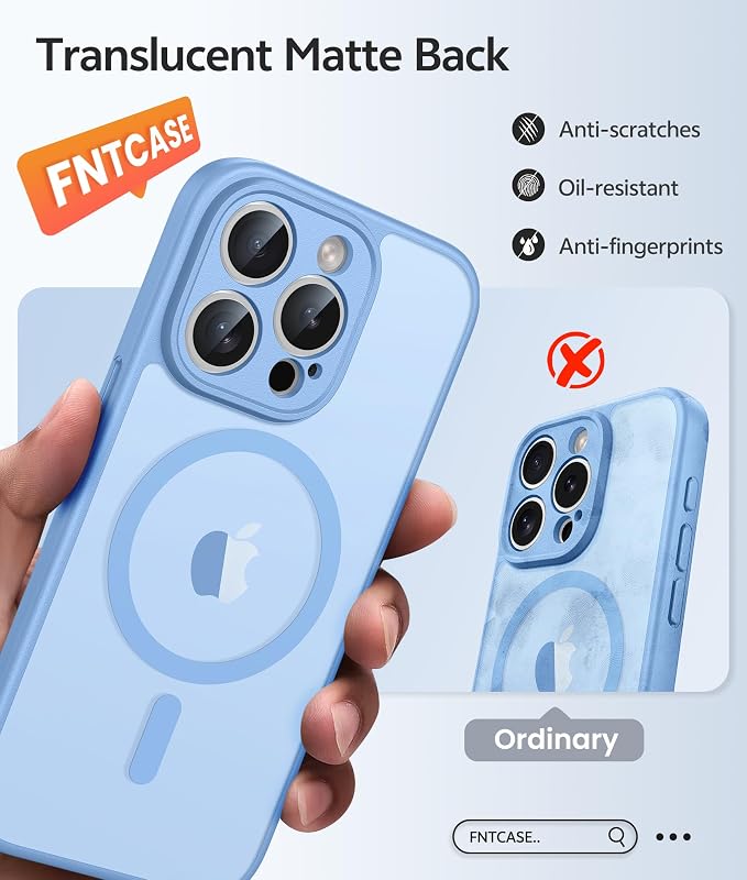 FNTCASE for iPhone 15 Pro Max Case, Fit for Magsafe, Glass Screen Protector | Full Camera Protection, Translucent Matte, 14FT Military Grade Drop Proof, Shockproof Protective Phone Cover, Light Blue - Image 6