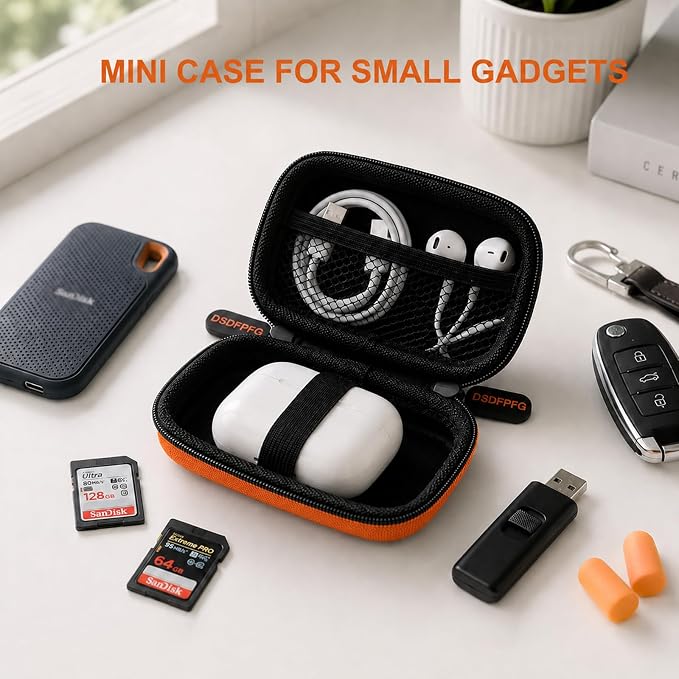 Orange Mini Small Hard Earbud Case, Portable Rectangle Carrying Pouch | Pocket-Size, Universal for Airpods, Earpods, Galaxy Buds, Wired and Wireless Earbuds, Earplugs, IEMs, USB Cable, Flash Drive - Image 4