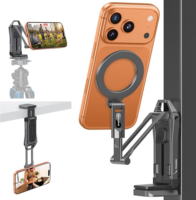 OMOTON TP02-Pro Magnetic Phone Holder, 5-in-1 Tripod Stand with Rear Attachment Plate | Desk, Kitchen, Gym, Vlogging | iPhone 12-17 Series, Grey by OMOTON