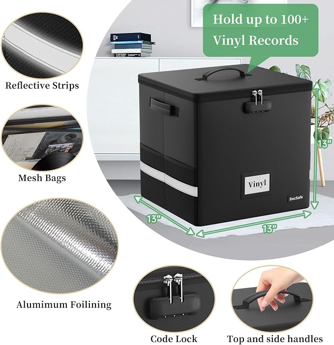 DocSafe Vinyl Record Storage Box with Lock, Fireproof Heat Insulated 5200°F Record Organizer Storage for 100+ Single Records(12-inch), Collapsible Storage Crate with Handles Safe for Home Travel - Image 7