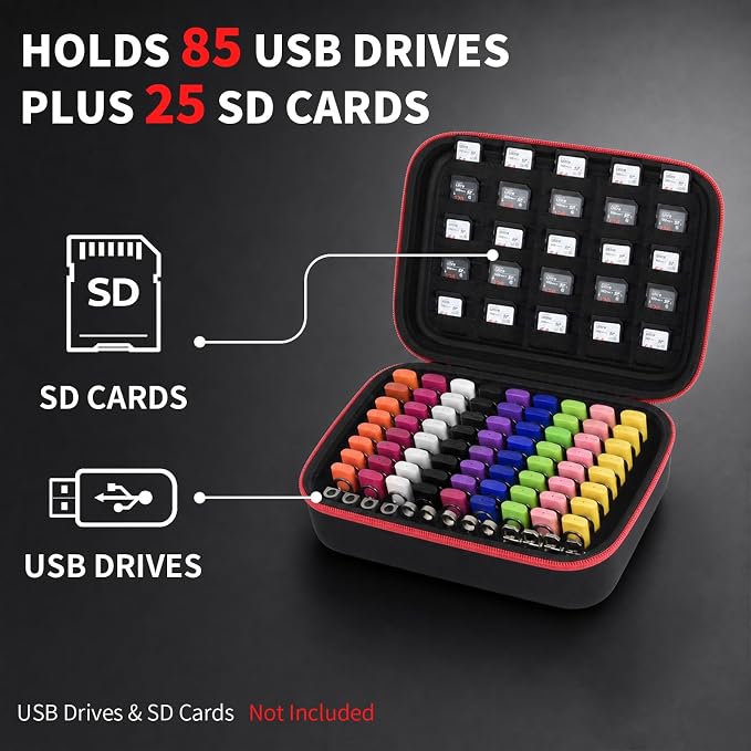 Comecase USB Flash Drive Case, Holds 85 USB Drives and 25 SD Cards | Pre-Cut Foam Stores 85 USB & 25 SD Cards; EVA Hard Shell, Black+Red Zipper, X-Large, Case Only - Image 2