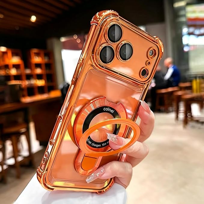 for iPhone 17 Pro Max Clear Case with Magnetic Ring Stand, [Compatible with MagSafe] Shockproof Kickstand Plating Soft Case Camera Lens Protector Girls Woman Cover for 17 Pro Max 6.9", Orange by Unknown