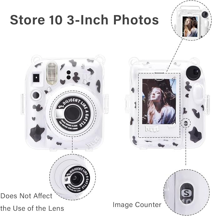 Rieibi Clear Case Compatible with Fuji Instax Mini 12, Carrying Case Bag for Fujifilm Instax Mini 12 Instant Camera with Photo Storage Pocket, Strap and Cute Sticker - Milk - Image 2