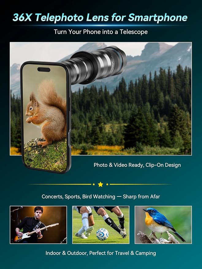 APEXEL 36x Telephoto Lens Compatible with iPhone Air | Photography for Travel, Birdwatching, Exploration | Kit with Sturdy Metal Tripod and Threaded Phone Case - Image 5