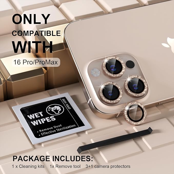 Misea Compatible for iPhone 16 Pro/iPhone 16 Pro Max Camera Lens Protector | 9H Tempered Glass Ultra HD Bling Camera Screen Protector Cover Metal Individual Ring Accessories, Desert Titanium Glitter - Image 2