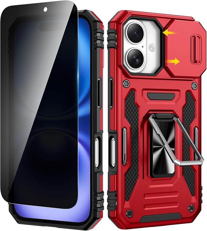 VEGO for iPhone 16 Case with with Privacy Screen Protector and Kickstand | Slide Camera Cover & Ring Kickstand Military Grade Heavy Duty Protection Cover for iPhone 16 5G 6.1 Inch - Red by VEGO