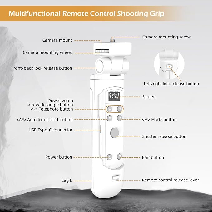 for Canon Tripod Wireless Shooting Grip with Shutter Release | Mini-Tripod with Rechargeable Remote Control for G7 X III/R50/R8/R5/R10/G5 X II/R100/M6 II/M200/R50 V, for Vlogging, White - Image 8