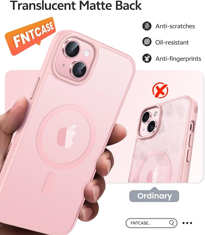 FNTCASE for iPhone 15/14 Plus Case, Fit for Magsafe, Screen Protector | Translucent Matte Magnetic Back, 14FT Military Grade Drop Protection, Shockproof Protective Phone Cover, Light Pink - Image 6
