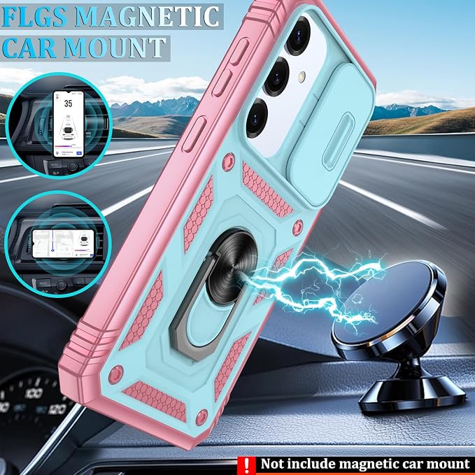 Gritup Fit for Samsung Galaxy S25 Case with Slide Camera Cover | 2 Pcs Screen Protector, Build in 360° Rotating Ring Kickstand, Military Grade Protective Phone Case, Green+Pink - Image 6