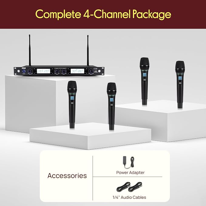 Pyle 4 Channel Wireless Microphone System with 4 Handheld Wireless Mics, UHF Cordless Microphones with Selectable Frequencies, Rack Mount Receiver for Karaoke, Church, DJ, Singing & PA Systems - Image 7