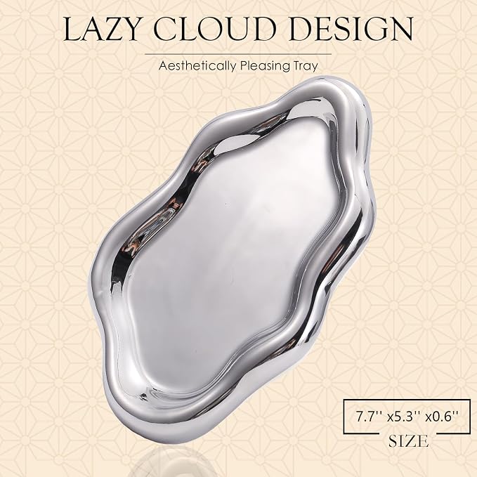 CCINPPY Ceramic Cloud Jewelry Tray Trinket Dish Key Bowl Nightstand Decor | Decorative Small Desk Tray Jewelry Plate Key Holder Bowl Cute Bedroom Room Decor Aesthetic, Gift for Women, Silver Medium - Image 2