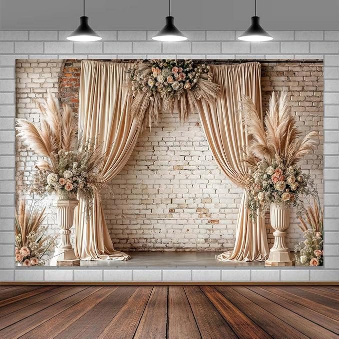 12X10ft Boho Floral Wedding Backdrop Vintage Flowers Brick Wall Background Photography Backdrops for Parties Wedding, Girls Birthday Princess Weeding Bridal Shower Floral Anniversary Ceremony Decor by JAWO