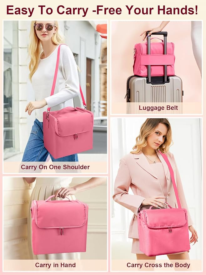 Large Makeup Nail Polish Organizer Bag, Makeup Case Storage Box, Pink | Nail Organizer Case-Adjustable Dividers, Waterproof, Detachable Shoulder Strap, Portable, Multipurpose Storage for Nail Tools - Image 2